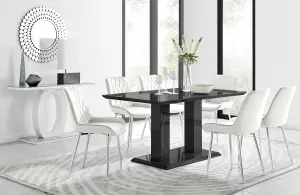 Imperia Black High Gloss 6 Seater Dining Table with Structural 2 Plinth Column Legs 6 Cream Velvet Silver Leg Pesaro Chairs