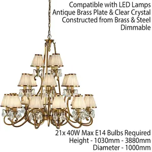 Esher Ceiling Pendant Chandelier Brass Crystal & Beige Shades 21 Lamp Light