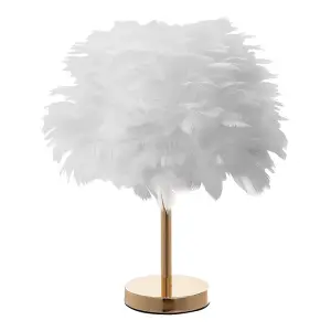 White Chic LED Feather Bedroom Bedside Table Lamp with Metal Base and Switch 30x38 cm