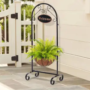 39.5 Inch  Metal Welcome Planter Basket Stand with Coco Liner - Hanging Planter with Decorative Welcome Sign for Outdoor Garden