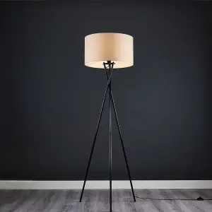 ValueLights Camden Modern Gloss Black Metal Tripod Floor Lamp with Beige Cylinder Shade - Includes 6w LED Bulb 3000K Warm White