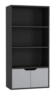 URBNLIVING Height 118Cm 4 Tier Wooden Bookcase Cupboard with Doors Storage Shelving Display Colour Black Door Grey Cabinet Unit