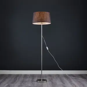 ValueLights Modern Floor Lamp In Brushed Chrome Metal Finish With Dark Grey Faux Linen  Shade