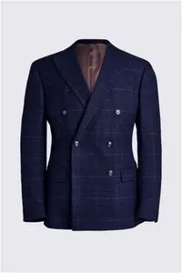 Moss | Men's Tailored Fit Navy Blue Black Check Double Breasted Suit Jacket