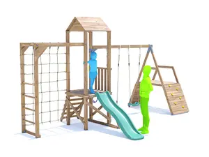 Dunster House Wooden Climbing Frame with Two Swings, Climbing Wall, Monkey Bars, Cargo Net & Slide BalconyFort Low Platform