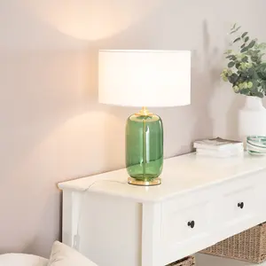 ValueLights Leigh Forest Green Glass and Gold Detail Table Lamp with White Drum Shade