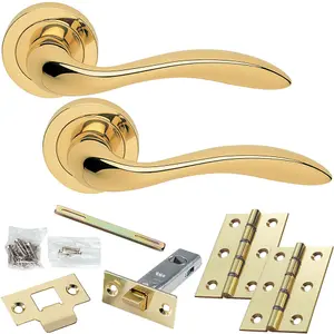 Door Handle & Latch Pack - Polished Brass - Smooth Scroll Lever On Round Rose