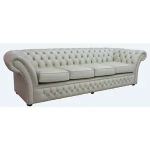 Chesterfield 4 Seater Sofa Settee Stella Ice Grey Leather DBB In Balmoral Style