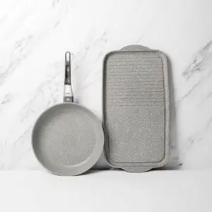 2pc Induction-Safe & Non-Stick Cast Aluminium Pan Set with 28cm Frying Pan and Dual Griddle Tray