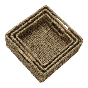 JVL Seagrass Square Storage Baskets with Inset Handles, Set of 3