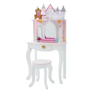 Teamson Kids Dressing Table, Play Vanity Set with Mirror & Stool, Dreamland Castle - White/Pink