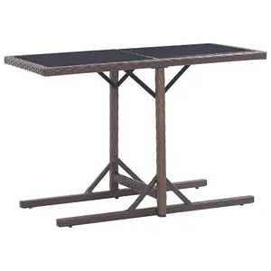 Berkfield Garden Table Brown 110x53x72 cm Glass and Poly Rattan