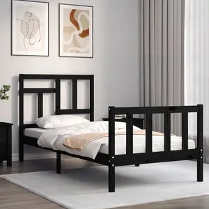 Berkfield Bed Frame with Headboard Black Small Single Solid Wood