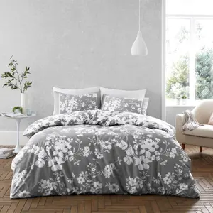 Mancuso Cotton Blend Floral Duvet Cover Set with Pillowcases Gray / Single