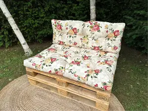 Garden Outdoor Pallet Cushion Set EURO Sofa Floral Cream Tufted Seat Back Pads