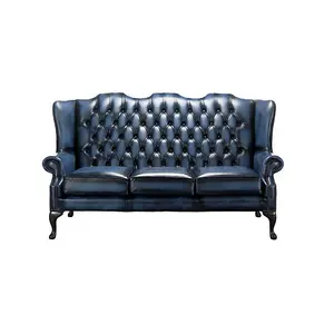 Chesterfield 3 Seater High Back Antique Blue Leather Sofa In Mallory Style