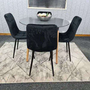 Dining Table Set Of 4 Round Grey Dining Table And 4 Black Velvet Tufted Chairs For Kitchen Room Dining Room