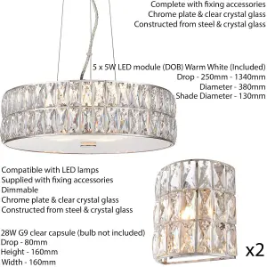 5 Bulb Ceiling Pendant & 2x Matching Flush Wall Light Chrome & Crystal Glass