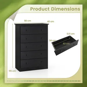 Costway 5 Drawer Dresser Modern Chest of Drawers 115cm Wooden Storage Organizer