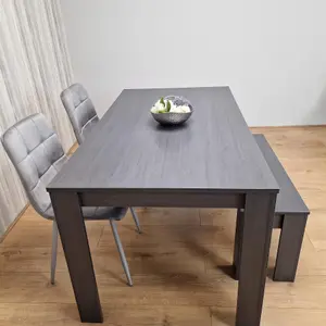 Dining Table and 2 Chairs With Bench  Black Dark Grey Velvet Chairs Wood Dining Set Furniture