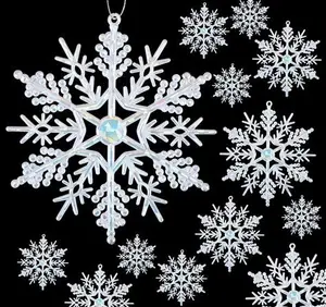 Anstore 56 Pcs Glitter Snowflake Hanging Ornaments White Snowflake Ornaments Plastic Snowflake Xmas Decoration Christmas Tree Pendants Window Door