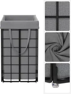 SONGMICS Laundry Bin, Foldable Clothes Basket, Washing Hamper, Detachable Liner, Wire Frame, for Bath or Bedroom, Black and Grey