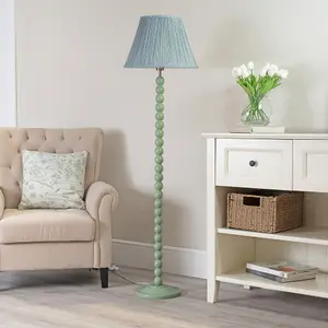 ValueLights Bobbles Sage Green Bobbin Floor Lamp with Blue Pleated Shade