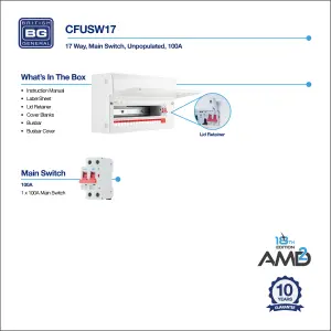 BG Metal Consumer Unit 19 Module, 17 Way Unpopulated With 100A Main Switch, 2 x Cover Blanks With Up Opening Front Cover