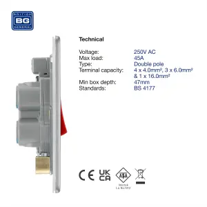 BG Electrical FBS74 Nexus Screwless Flat-Plate Double Pole Cooker Switch Brushed Steel Neon 45A