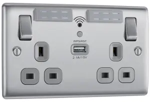 BG Brushed Steel 13A Raised slim Double WiFi extender socket with USB