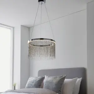 Circular Ceiling Pendant Light Fitting - Chrome Plate & Silver Waterfall Chains