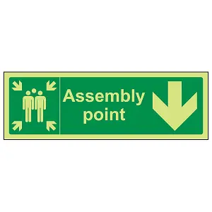 Assembly Point Arrow Down Workplace Safety Sign - Glow in the Dark 300x100mm (x3)