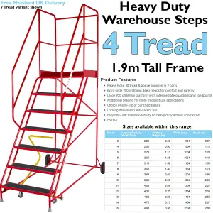 4 Tread HEAVY DUTY Mobile Warehouse Stairs Anti Slip Steps 1.9m Safety Ladder