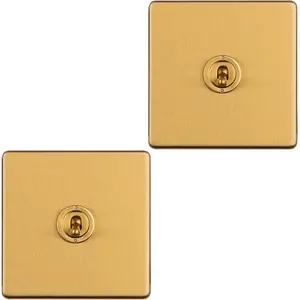 2 PACK 1 Gang Single Retro Toggle Light Switch SCREWLESS SATIN BRASS 10A 2 Way