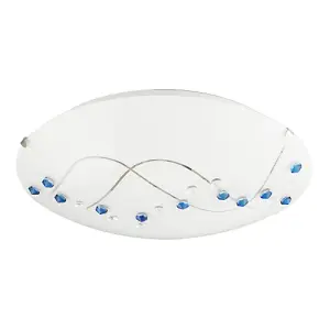 Contemporary Round Opal Glass Ceiling Light with Blue and Clear Crystal Buttons