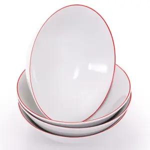 Set of 4 White Ceramic Dinner Bowls with Elegant Red Rim - Durable & Stylish