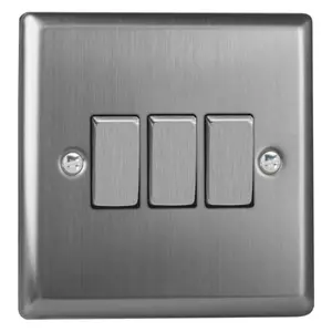 Varilight 3-Gang 10A 1- or 2-Way Rocker Switch Brushed Steel