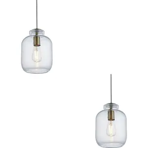 2 PACK Hanging Ceiling Pendant Light - Clear Textured Glass & Antique Brass Plate - 10W LED E27