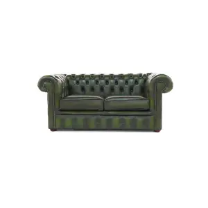 Chesterfield 2 Seater Antique Green Real Leather Sofa Settee In Classic Style