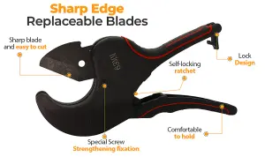 Plastic Pipe Cutter PEX PVC PPR Pipes Sharp Edge and Fast Cutting Replaceable Blade, Aluminium Alloy Body Premium Ratchet Cutter