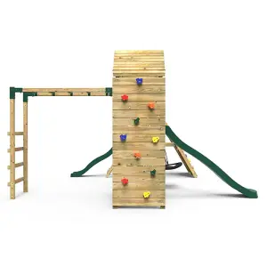 Rebo Wooden Climbing Frame with Vertical Rock Wall, Swing Set and Slides - Cairngorm+