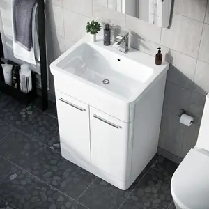 Nes Home Afern 600mm MDF Vanity Unit Cabinet & Wash Ceramic Basin White - Flat Pack