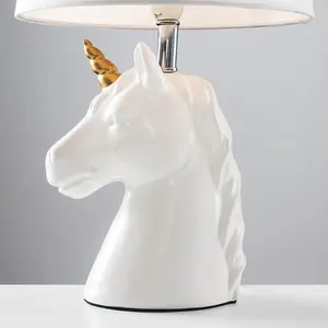 ValueLights Pair of White and Gold Ceramic Unicorn Table Lamps With White Light Shade LED Golfball Bulbs 3000K Warm White