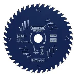 Draper Expert TCT Circular Saw Blade for Wood with PTFE Coating, 165 x 20mm, 40T 32821