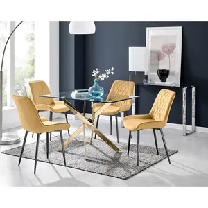 Lenworth Glass Rectangular Dining Table Set with 4 Luxury Velvet Chairs Mustard/Black / Gold