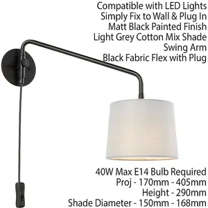 Adjustable Swing Arm Wall Light Matt Black & Grey Fabric Shade Mains Plug in