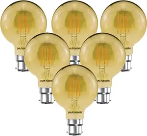 paul russells LED Filament G80 Bulb, 4W 380 Lumens, 35w Equivalent, 2200K Amber, Pack of 6