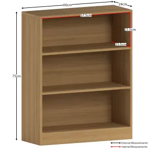 Vida Designs Cambridge Oak 3 Tier Low Bookcase Freestanding Shelving Unit (H)750mm (W)600mm (D)240mm