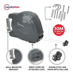 Grey  30m Retractable Clothes Reel Double Washing Line Wall Mounted Outdoor