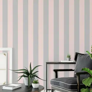 Pale Pink Metallic Silver Bold Lance Stripe Feature Stripes Wallpaper WD0080